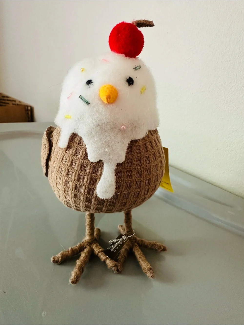 Plush Bird Toy — Ice Cream Sundae Style in White & Brown